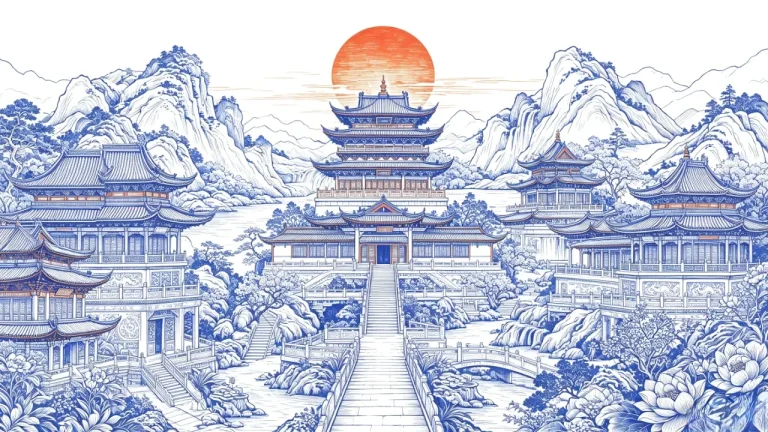 蓝白国风古建群群山环绕红日壮丽图景4K电脑壁纸