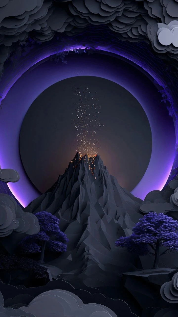 3D纸雕紫色巨月夜幕火山唯美抽象风景