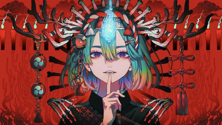 红底鹿角灯笼国风酷感渐变短发少女插画
