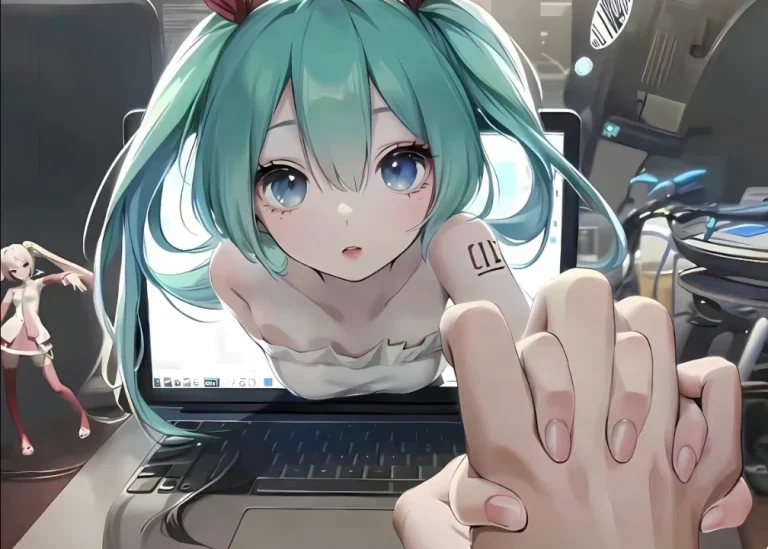 初音未来从笔记本屏幕伸出牵手第一视角