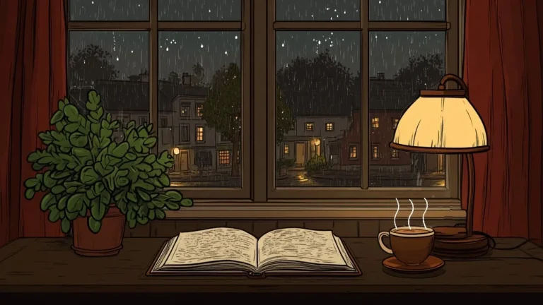 雨夜窗边书桌书本咖啡温馨治愈氛围感插画4K电脑壁纸