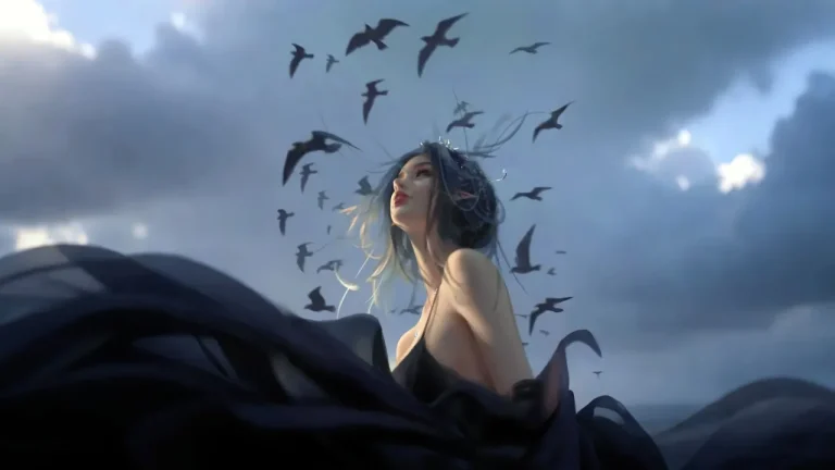 暗夜精灵少女群鸦环绕高级感画面4K电脑壁纸