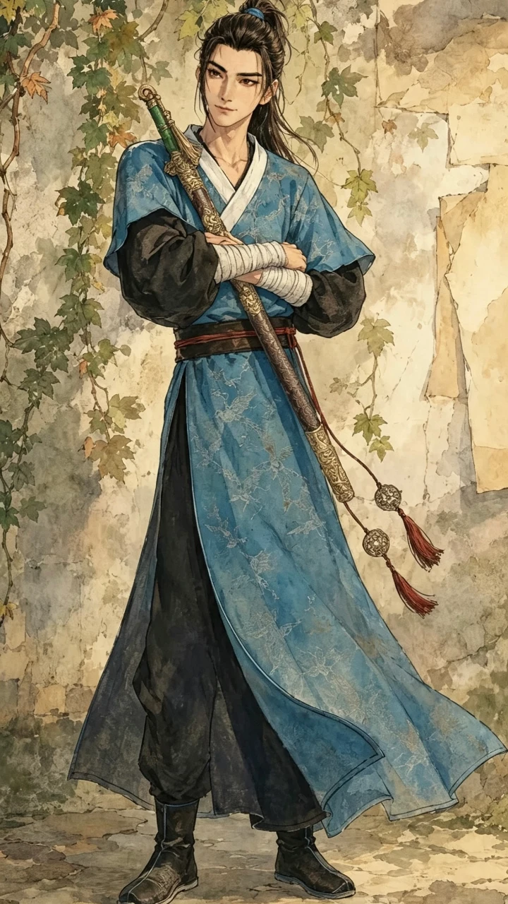 八仙蓝衫侠客抱剑立于爬满藤蔓古墙前插画