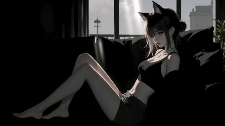 窗边光束黑系猫耳女生慵懒坐姿动漫原画