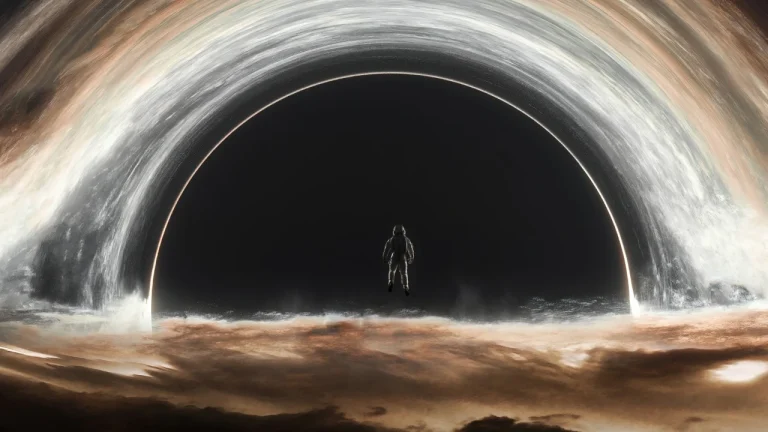 巨型黑洞前方悬浮宇航员宇宙深空三体科幻场景