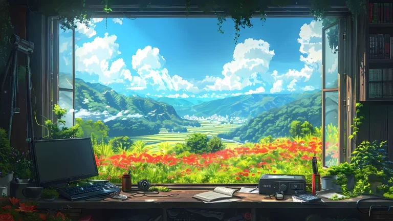 窗边书桌远眺山谷花海蓝天白云治愈动漫场景