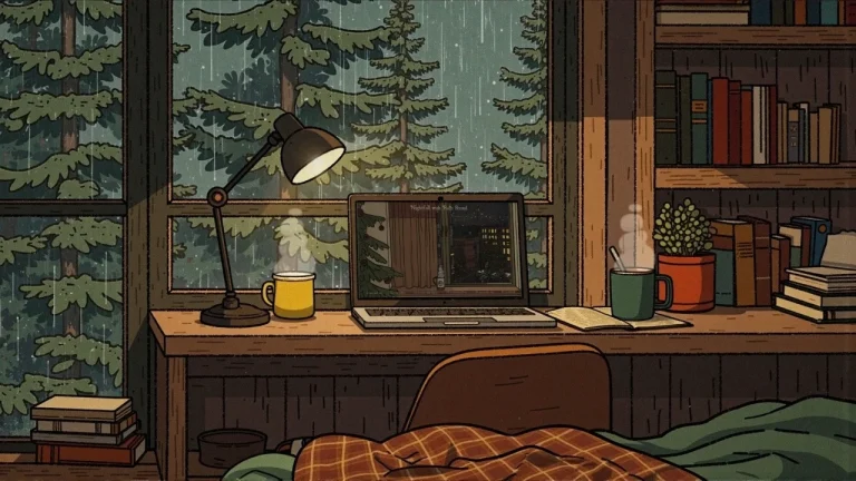 复古插画雨天森林小屋书桌咖啡治愈
