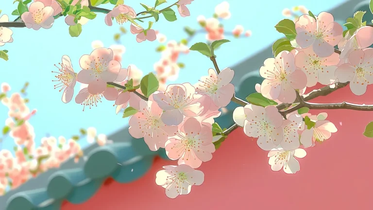 红墙粉花春日清新动漫风景