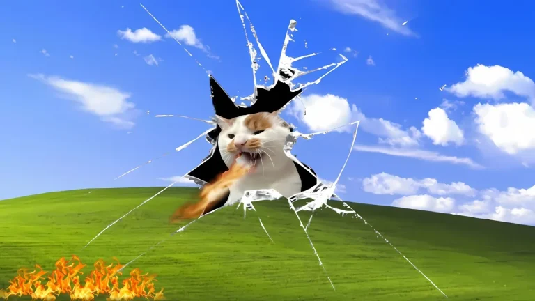 经典草地破屏喷火搞怪猫咪趣味画面4K电脑壁纸