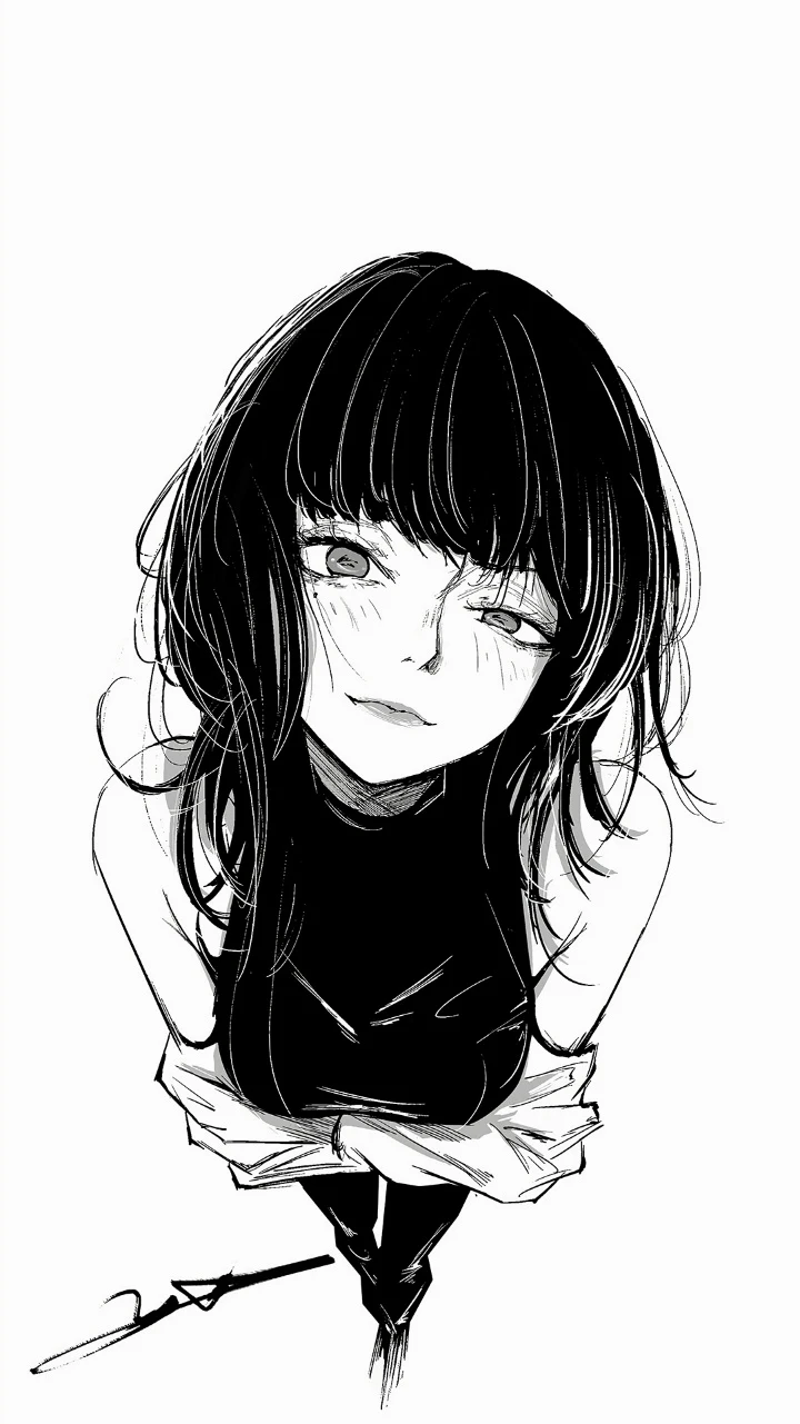 黑白手绘清冷黑发少女慵懒日系漫画