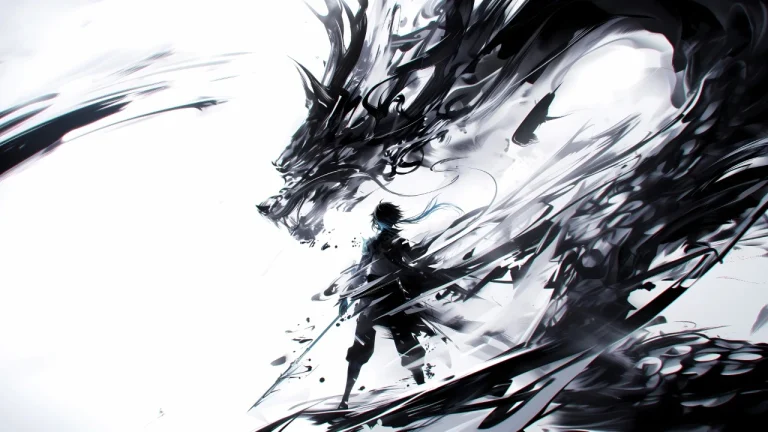 水墨国风持长枪少年与黑龙黑白写意武侠插画