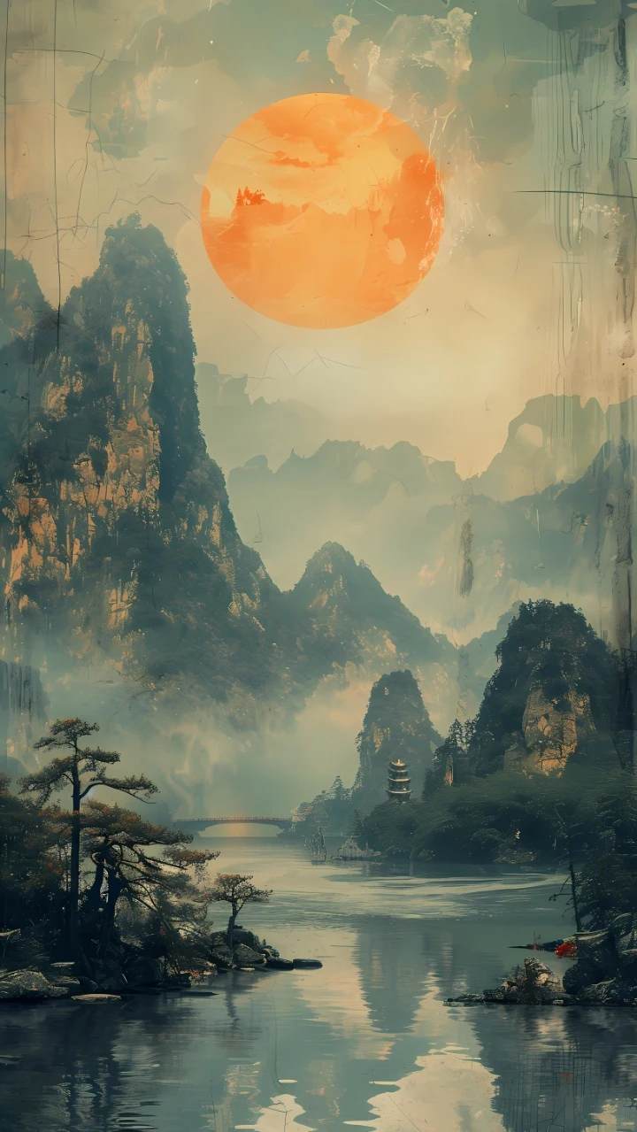 复古裂纹质感巨日奇峰碧水古松新中式山水插画